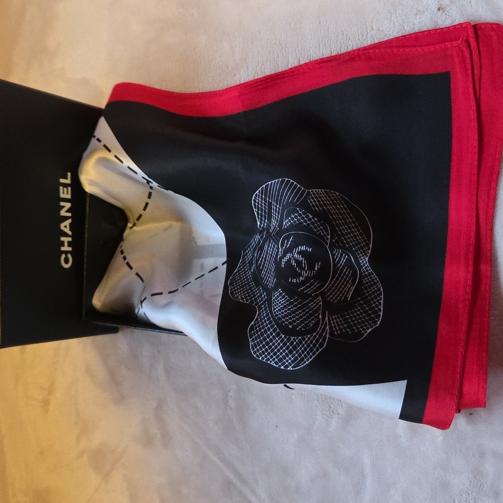 CHANEL Black, White, and‎ Red 100% Silk Scarf - Picture 7 of 7